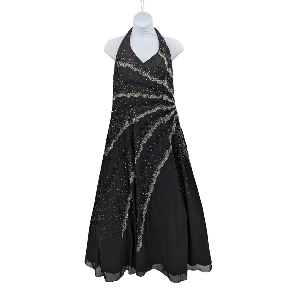 Prom Whimsigoth Y2K Black Halter Silver Sunburst 90s Beads Sequin 20 Long Dress - Picture 5 of 16